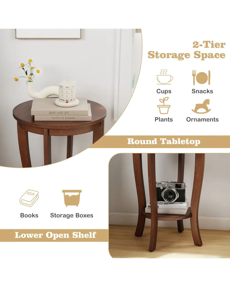 2-tier Round End Table with Solid Wood Legs-Brown - Walnut - End & Side Tables