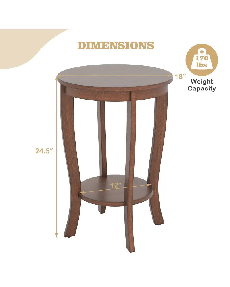 2-tier Round End Table with Solid Wood Legs-Brown - Walnut - End & Side Tables