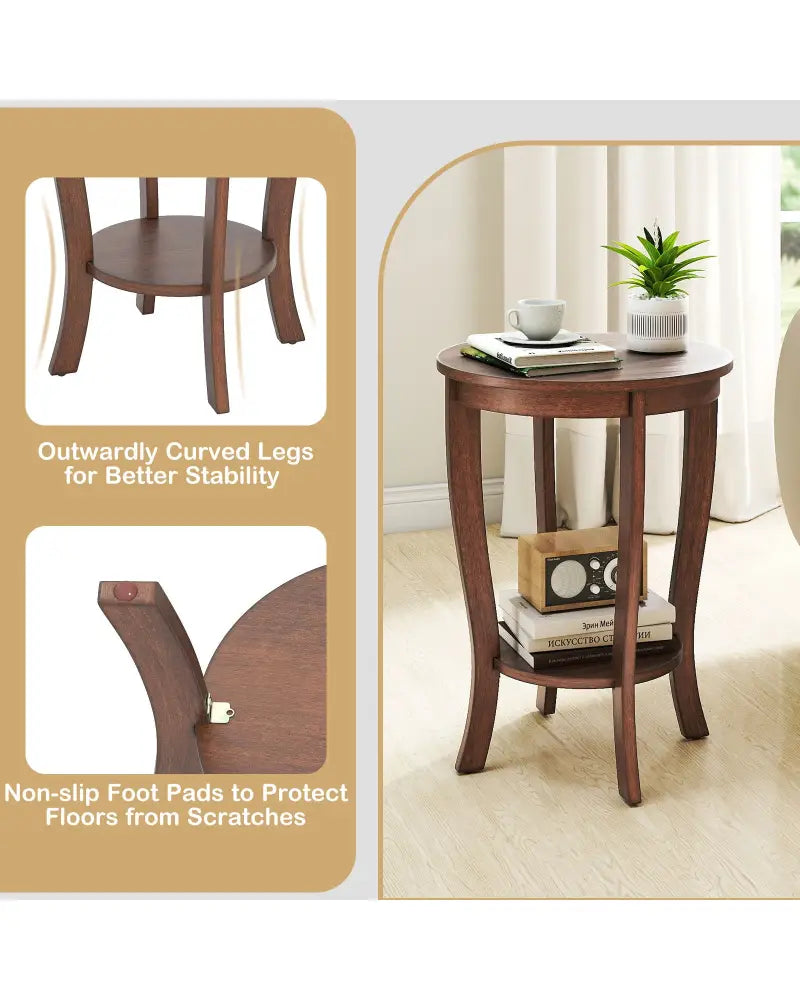 2-tier Round End Table with Solid Wood Legs-Brown - Walnut - End & Side Tables