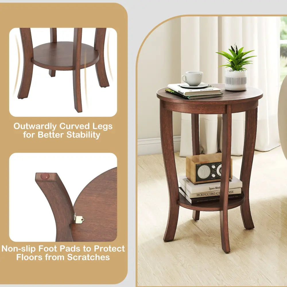 2-tier Round End Table with Solid Wood Legs-Brown - Walnut - End & Side Tables