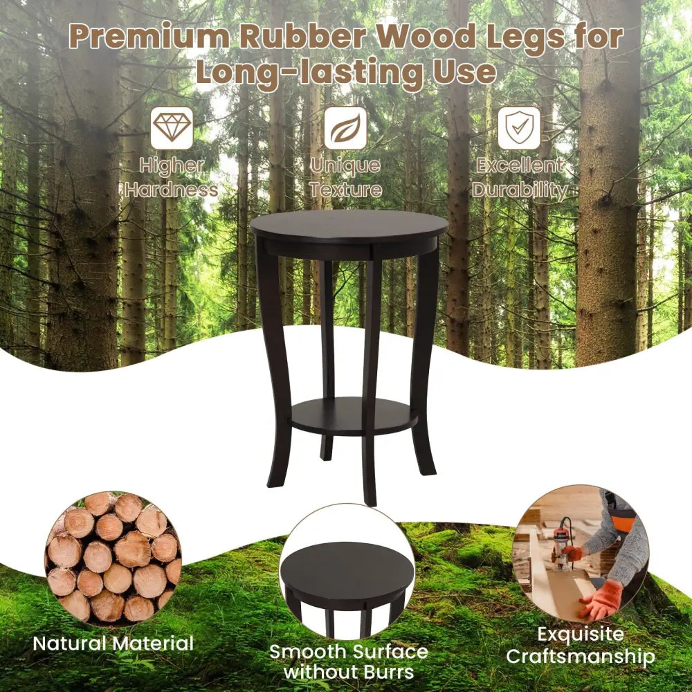 2-tier Round End Table with Solid Wood Legs-Espresso Costway