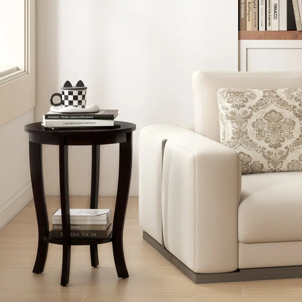 2-tier Round End Table with Solid Wood Legs-Espresso Costway
