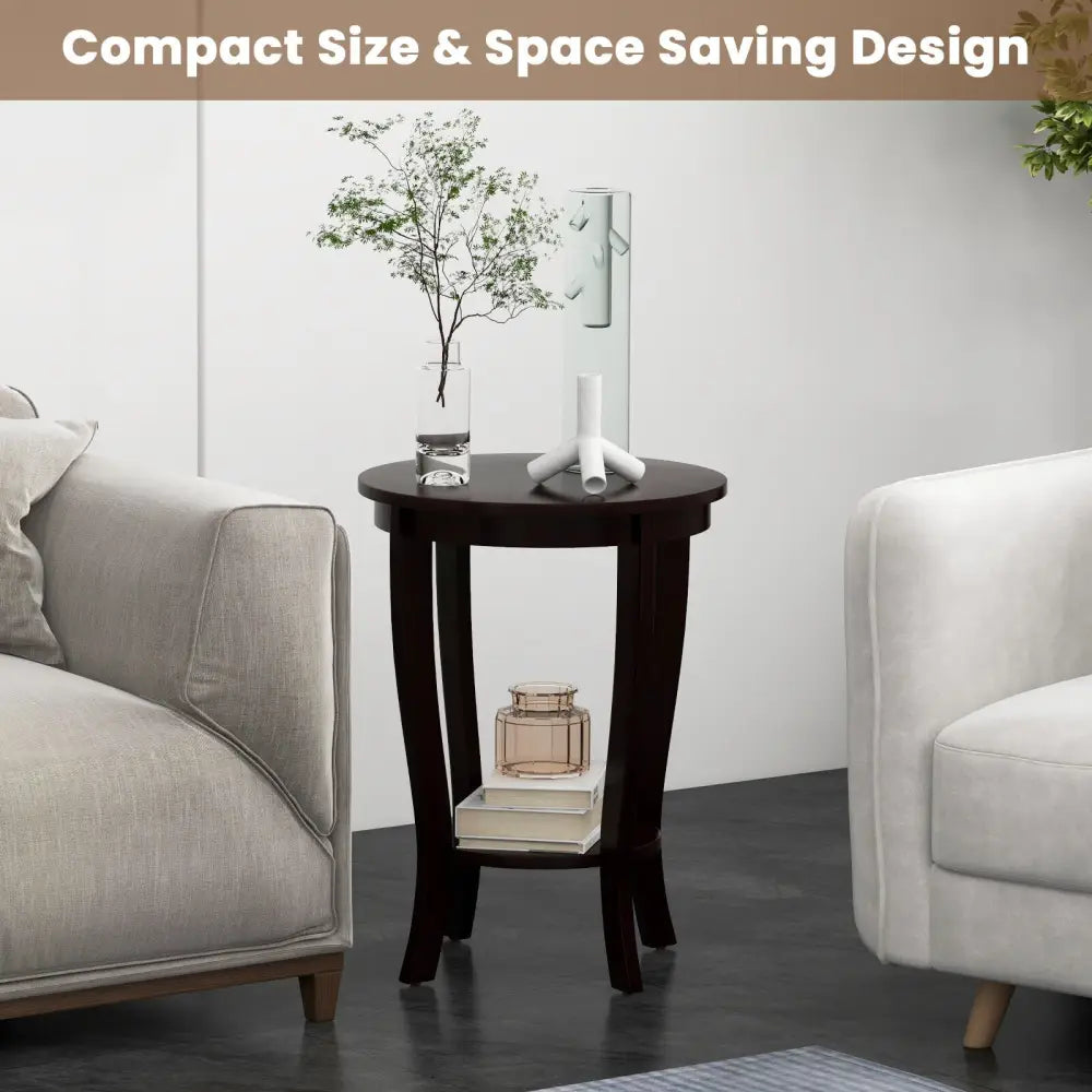 2-tier Round End Table with Solid Wood Legs-Espresso Costway