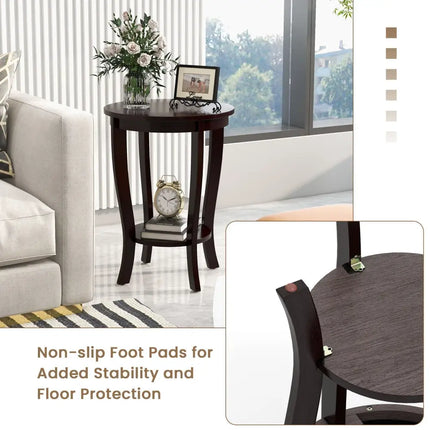 2-tier Round End Table with Solid Wood Legs-Espresso Costway
