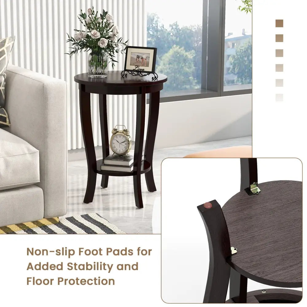 2-tier Round End Table with Solid Wood Legs-Espresso Costway