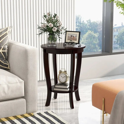2-tier Round End Table with Solid Wood Legs-Espresso Costway