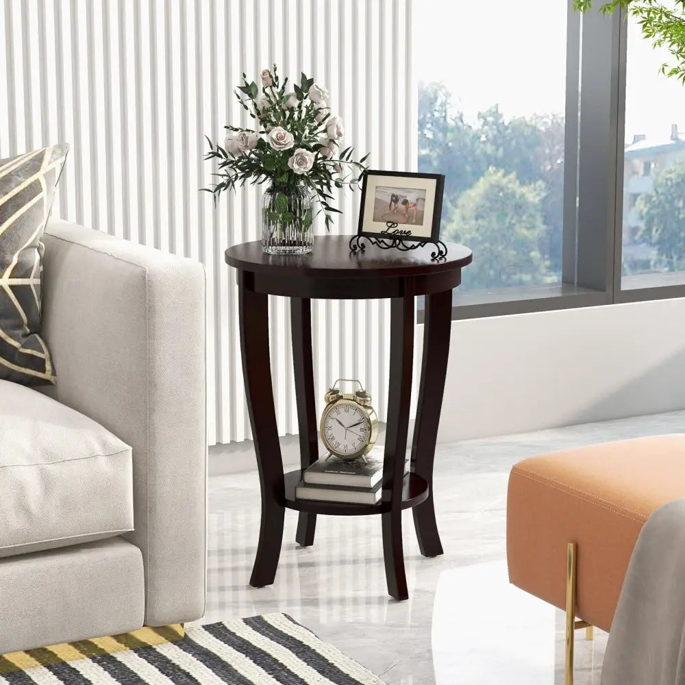 2-tier Round End Table with Solid Wood Legs-Espresso Costway