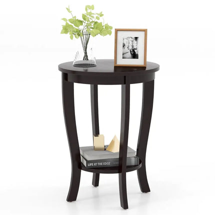 2-tier Round End Table with Solid Wood Legs-Espresso Costway