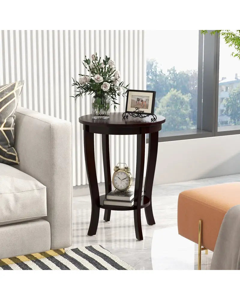 2-tier Round End Table with Solid Wood Legs-Espresso - Espresso - End & Side Tables