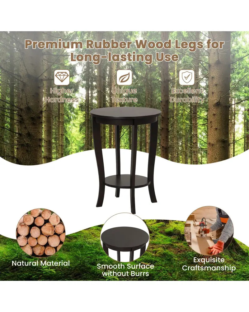 2-tier Round End Table with Solid Wood Legs-Espresso - Espresso - End & Side Tables