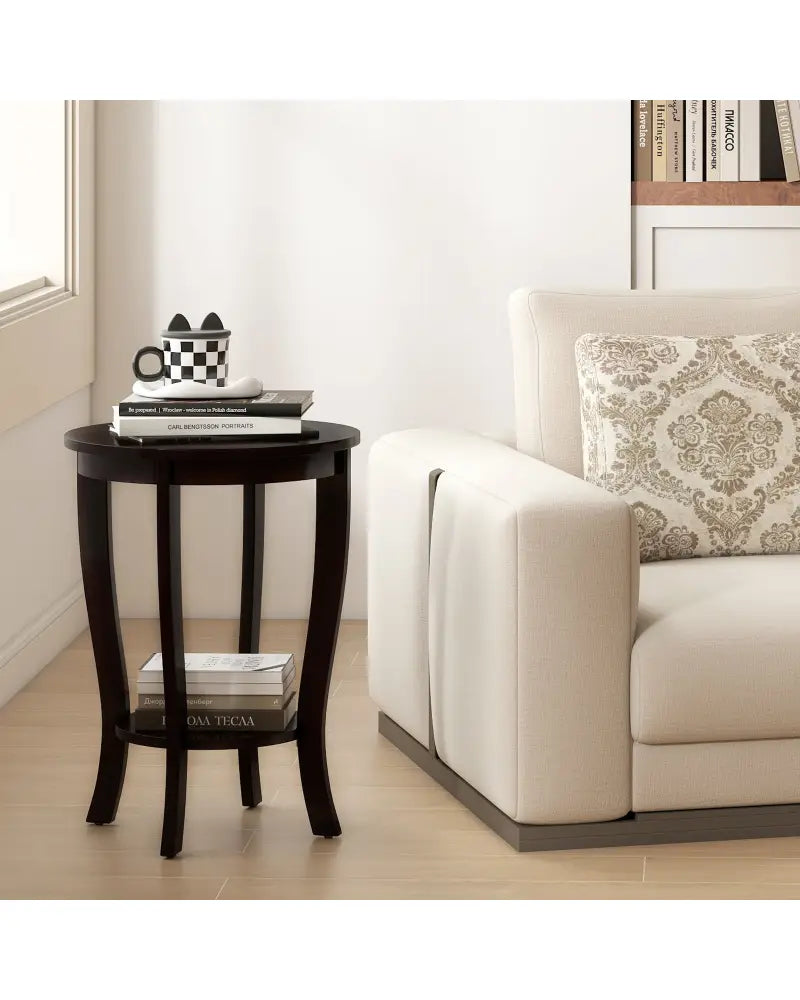 2-tier Round End Table with Solid Wood Legs-Espresso - Espresso - End & Side Tables