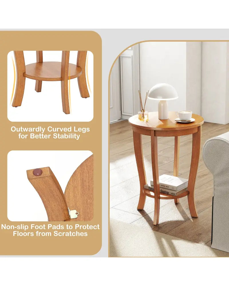 2-tier Round End Table with Solid Wood Legs-Natural - Light Brown - End & Side Tables