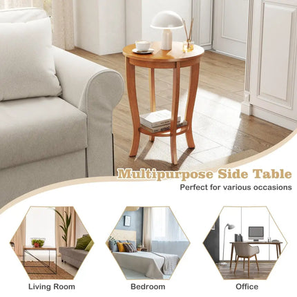 2-tier Round End Table with Solid Wood Legs-Natural Costway