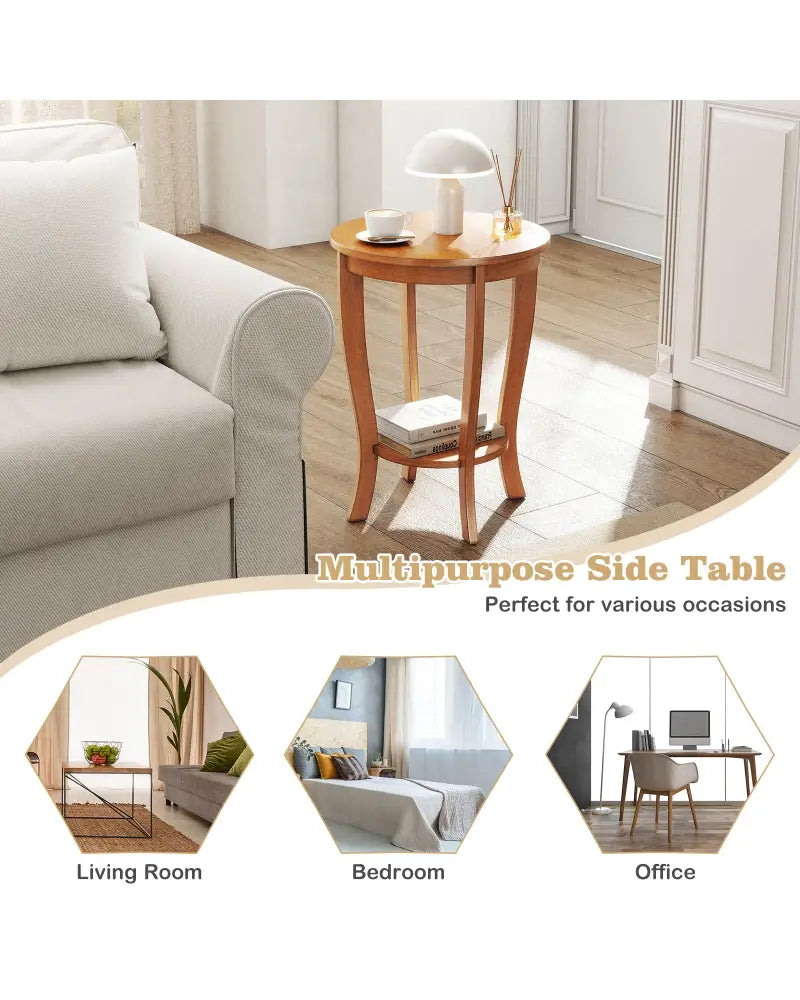 2-tier Round End Table with Solid Wood Legs-Natural - Light Brown - End & Side Tables