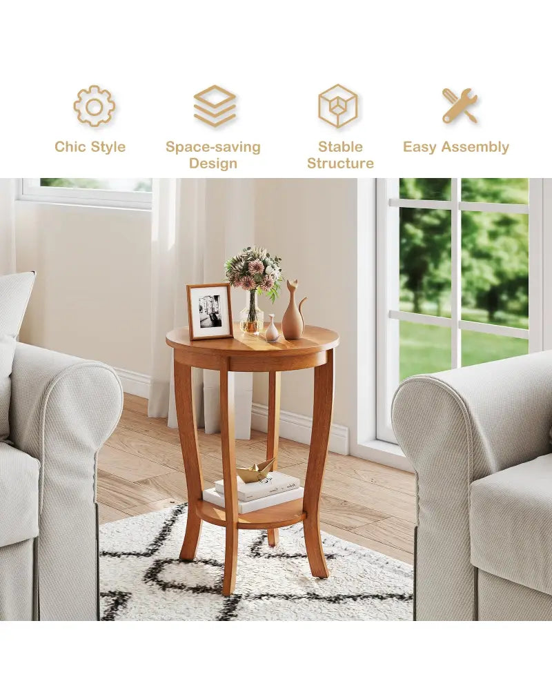 2-tier Round End Table with Solid Wood Legs-Natural - Light Brown - End & Side Tables