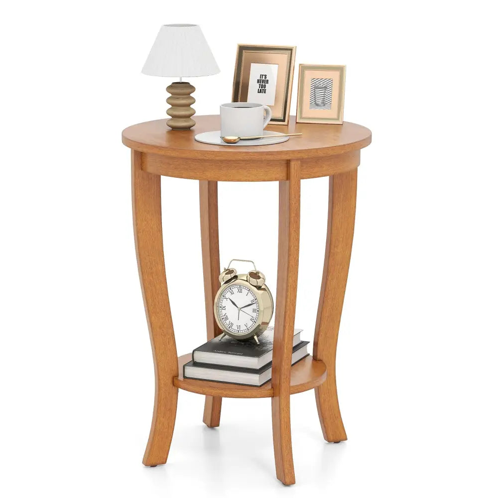 2-tier Round End Table with Solid Wood Legs-Natural Costway