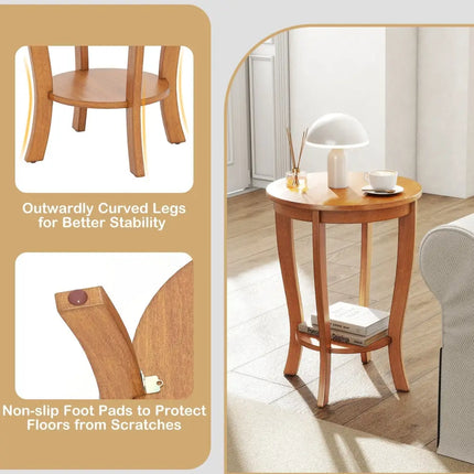 2-tier Round End Table with Solid Wood Legs-Natural Costway