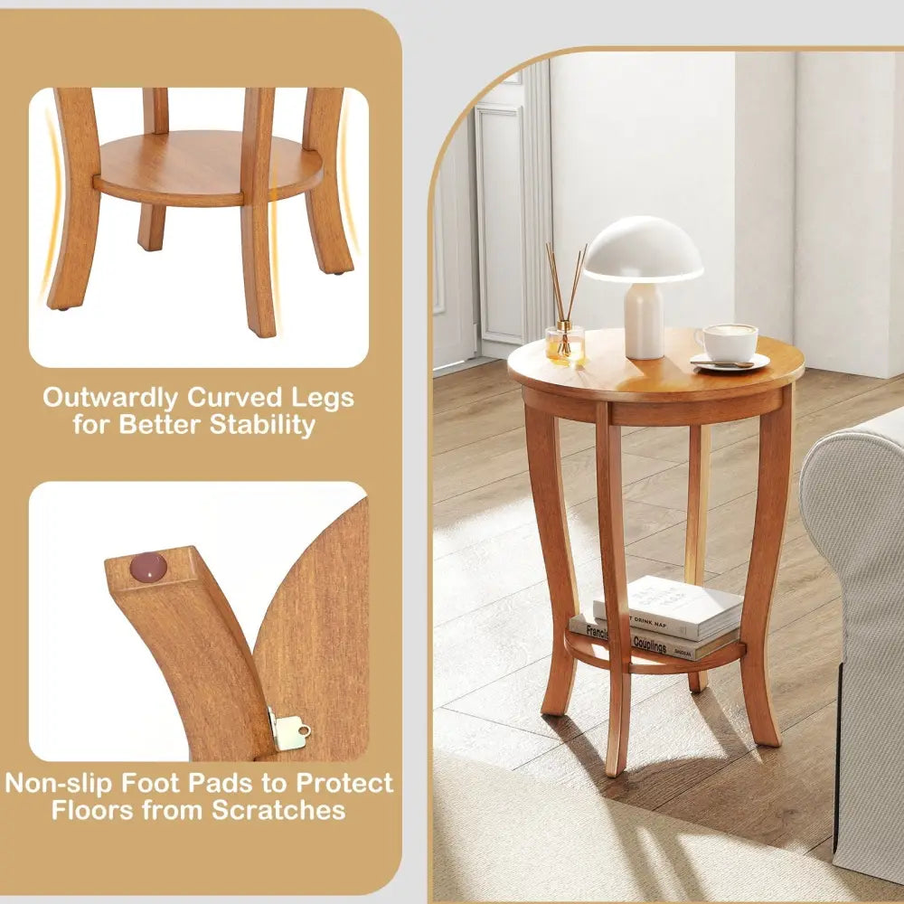 2-tier Round End Table with Solid Wood Legs-Natural Costway