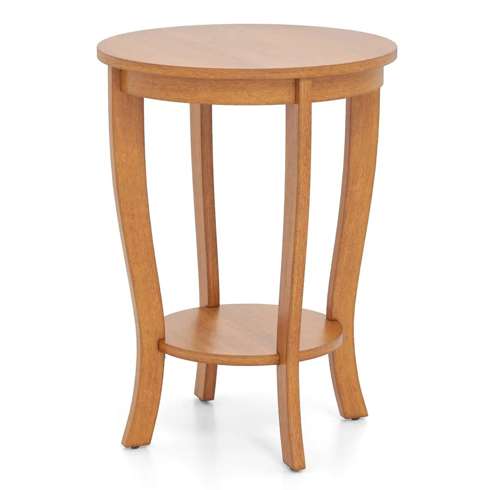2-tier Round End Table with Solid Wood Legs-Natural Costway