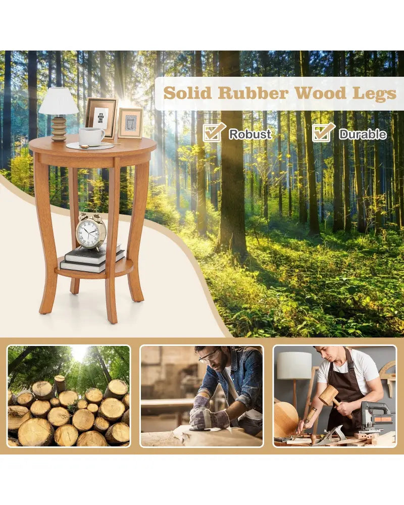 2-tier Round End Table with Solid Wood Legs-Natural - Light Brown - End & Side Tables