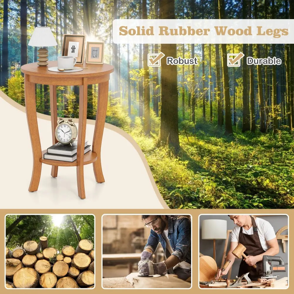 2-tier Round End Table with Solid Wood Legs-Natural - Light Brown - End & Side Tables