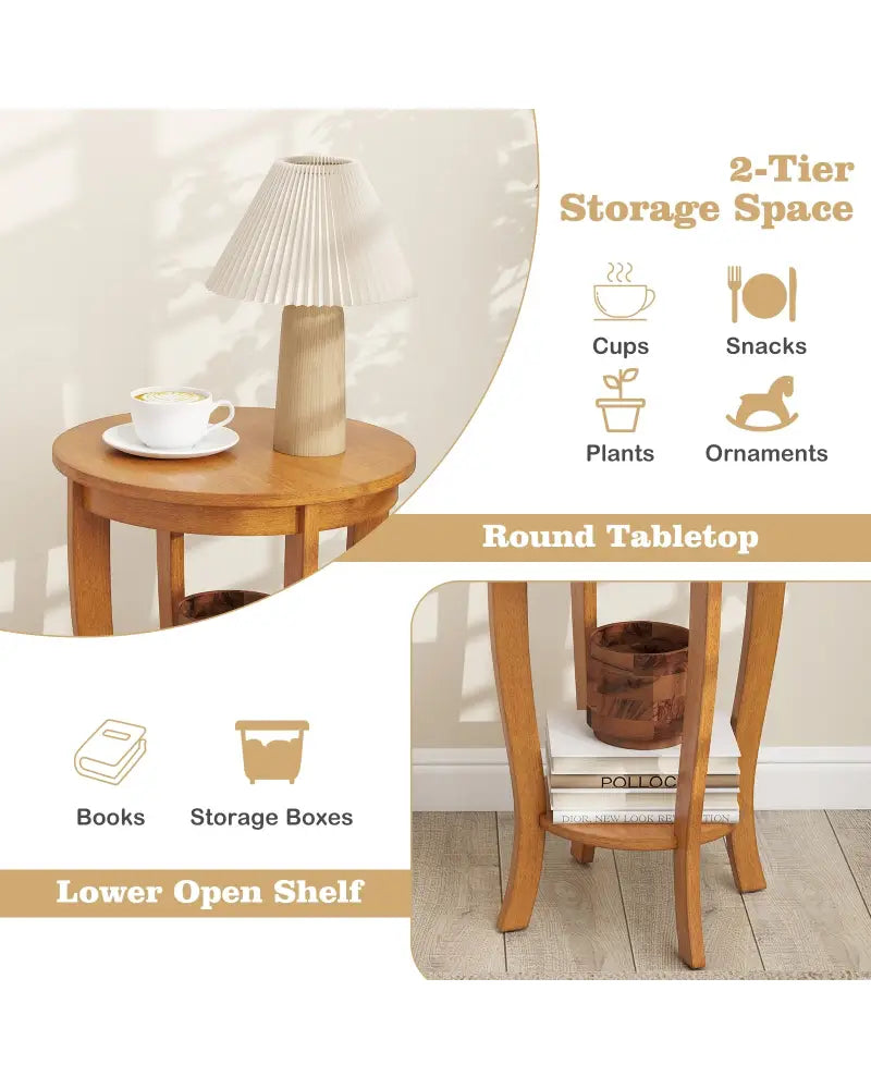 2-tier Round End Table with Solid Wood Legs-Natural - Light Brown - End & Side Tables
