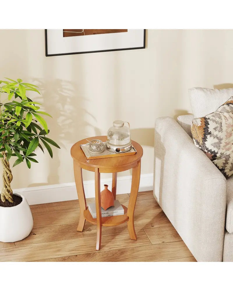 2-tier Round End Table with Solid Wood Legs-Natural - Light Brown - End & Side Tables