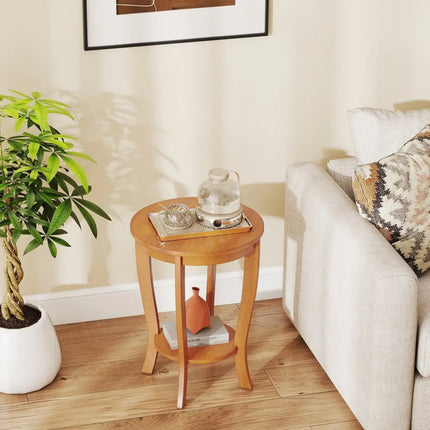 2-tier Round End Table with Solid Wood Legs-Natural Costway