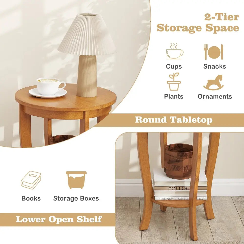 2-tier Round End Table with Solid Wood Legs-Natural Costway