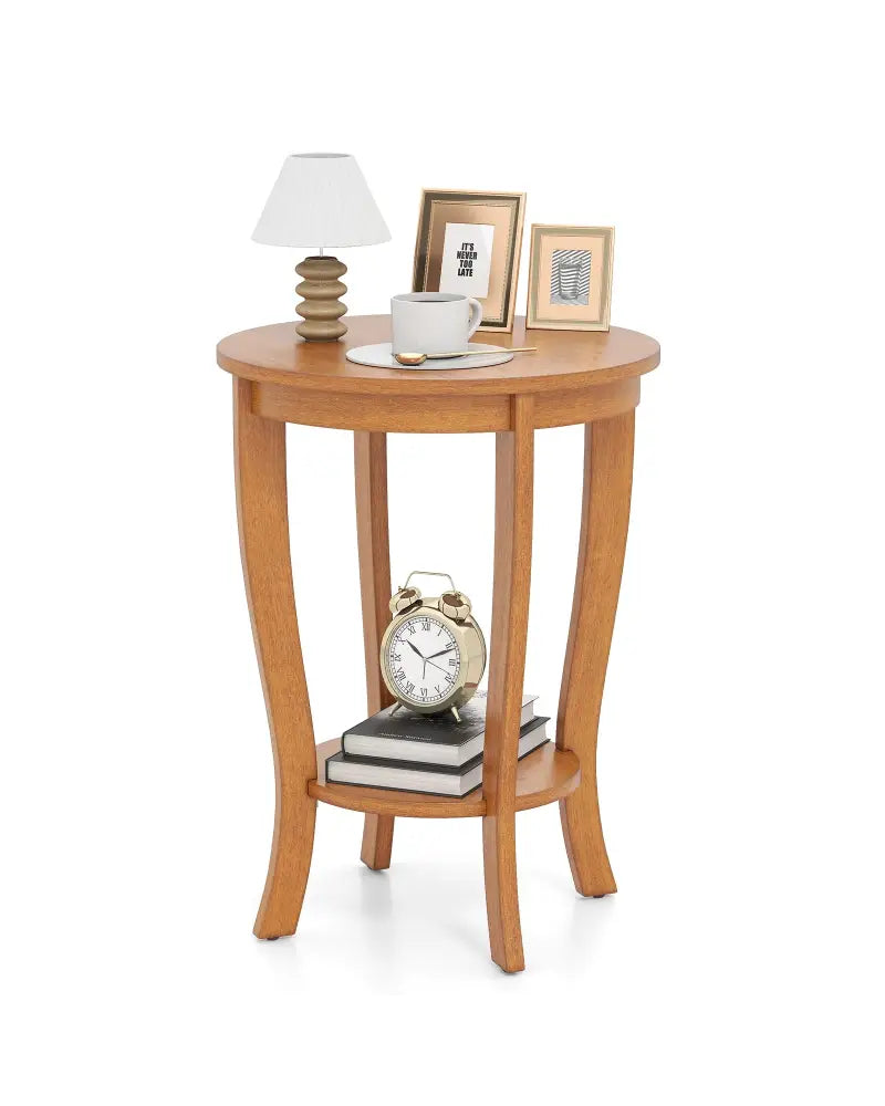 2-tier Round End Table with Solid Wood Legs-Natural - Light Brown - End & Side Tables