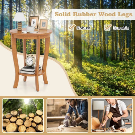 2-tier Round End Table with Solid Wood Legs-Natural Costway