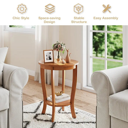 2-tier Round End Table with Solid Wood Legs-Natural Costway