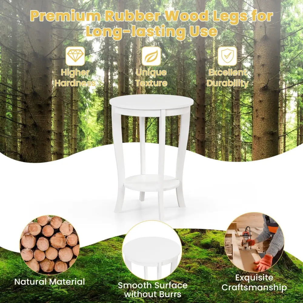2-tier Round End Table with Solid Wood Legs-White Costway