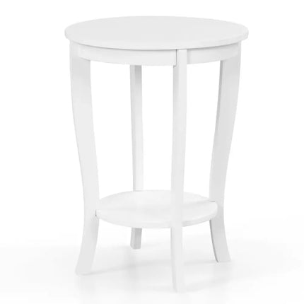 2-tier Round End Table with Solid Wood Legs-White Costway