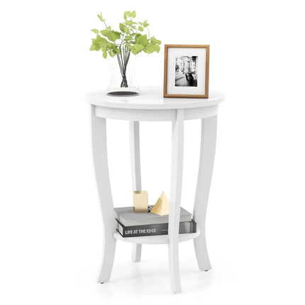 2-tier Round End Table with Solid Wood Legs-White Costway