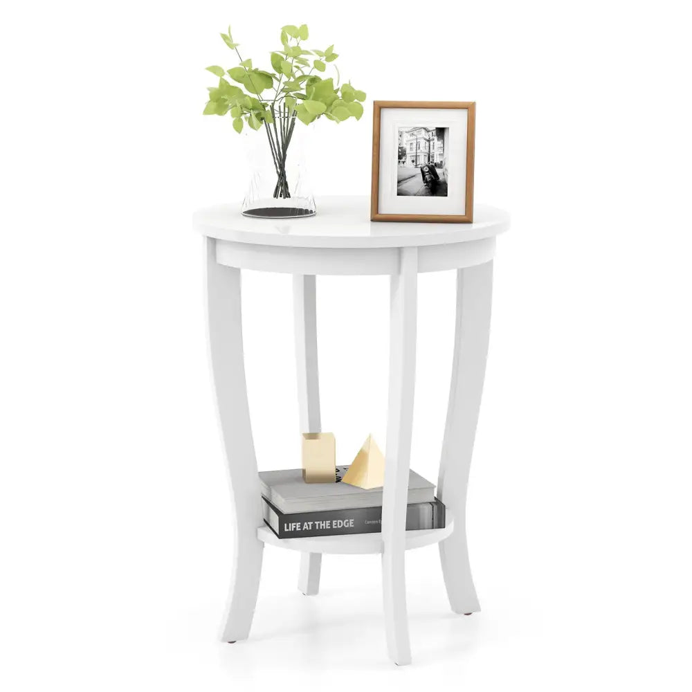 2-tier Round End Table with Solid Wood Legs-White Costway