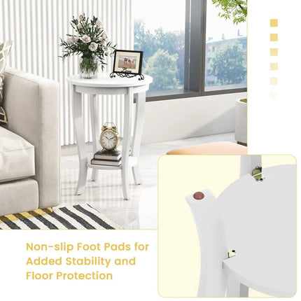 2-tier Round End Table with Solid Wood Legs-White Costway