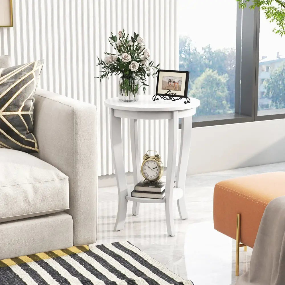 2-tier Round End Table with Solid Wood Legs-White Costway