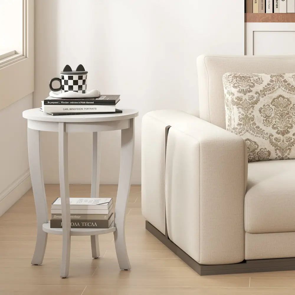 2-tier Round End Table with Solid Wood Legs-White Costway