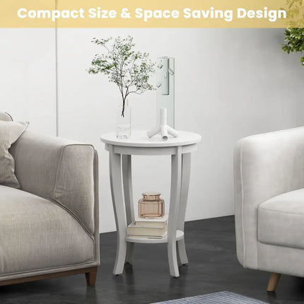 2-tier Round End Table with Solid Wood Legs-White Costway