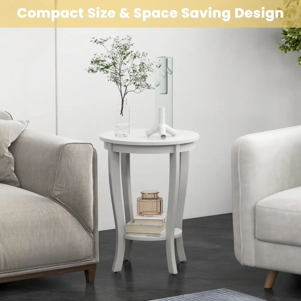 2-tier Round End Table with Solid Wood Legs-White Costway