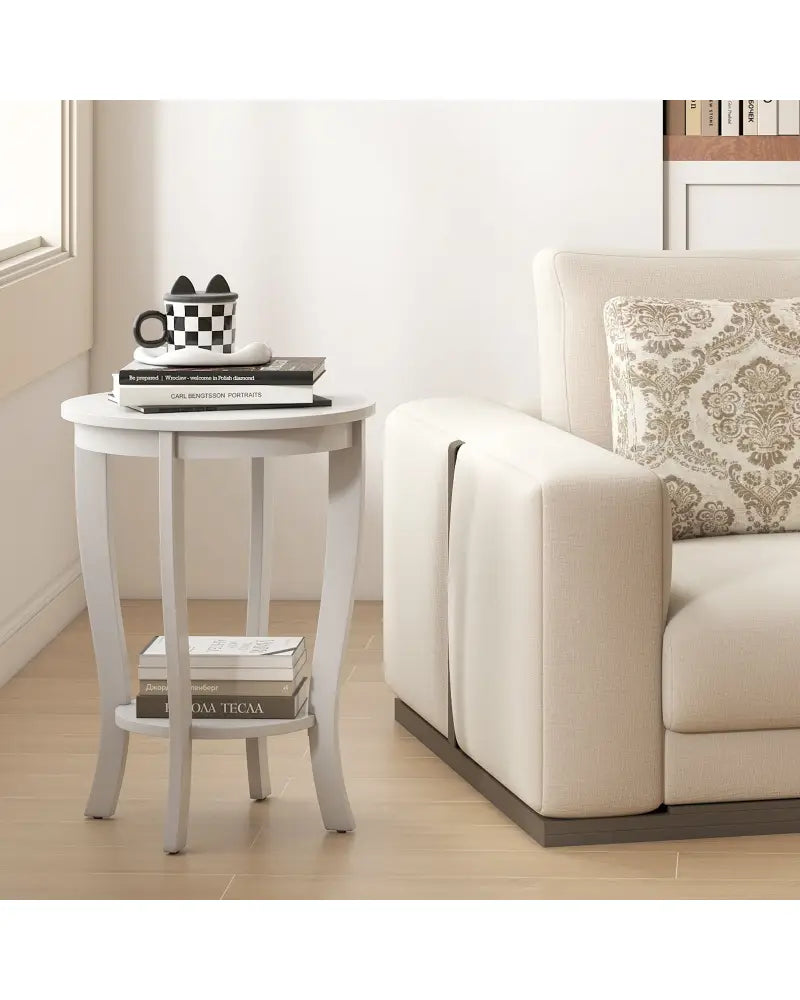 2-tier Round End Table with Solid Wood Legs-White - White - End & Side Tables