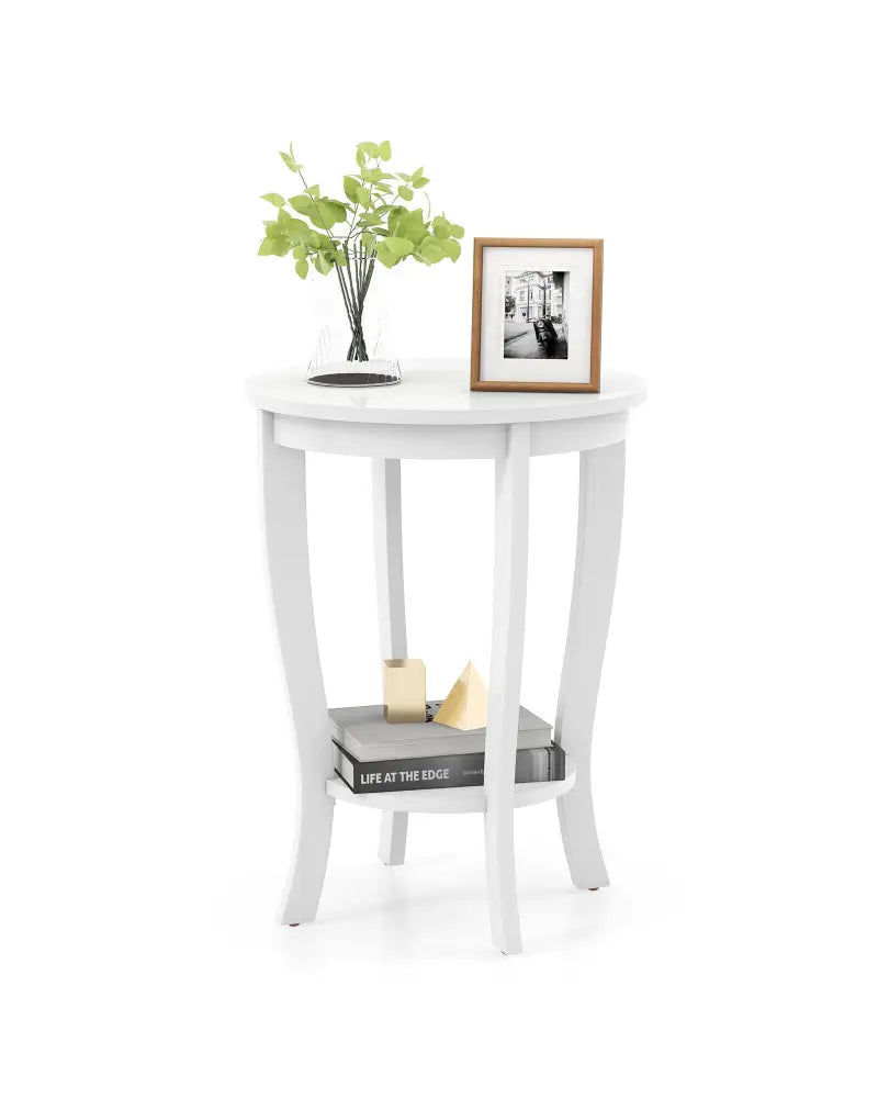 2-tier Round End Table with Solid Wood Legs-White - White - End & Side Tables