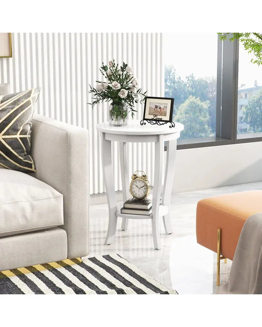 2-tier Round End Table with Solid Wood Legs-White - White - End & Side Tables