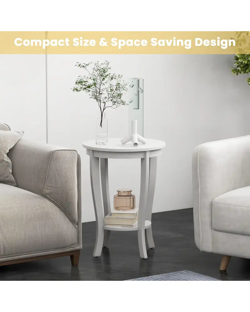 2-tier Round End Table with Solid Wood Legs-White - White - End & Side Tables
