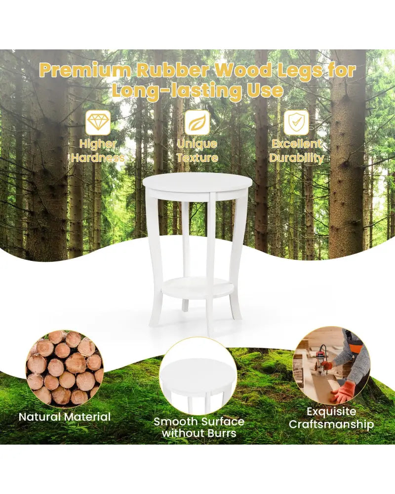 2-tier Round End Table with Solid Wood Legs-White - White - End & Side Tables