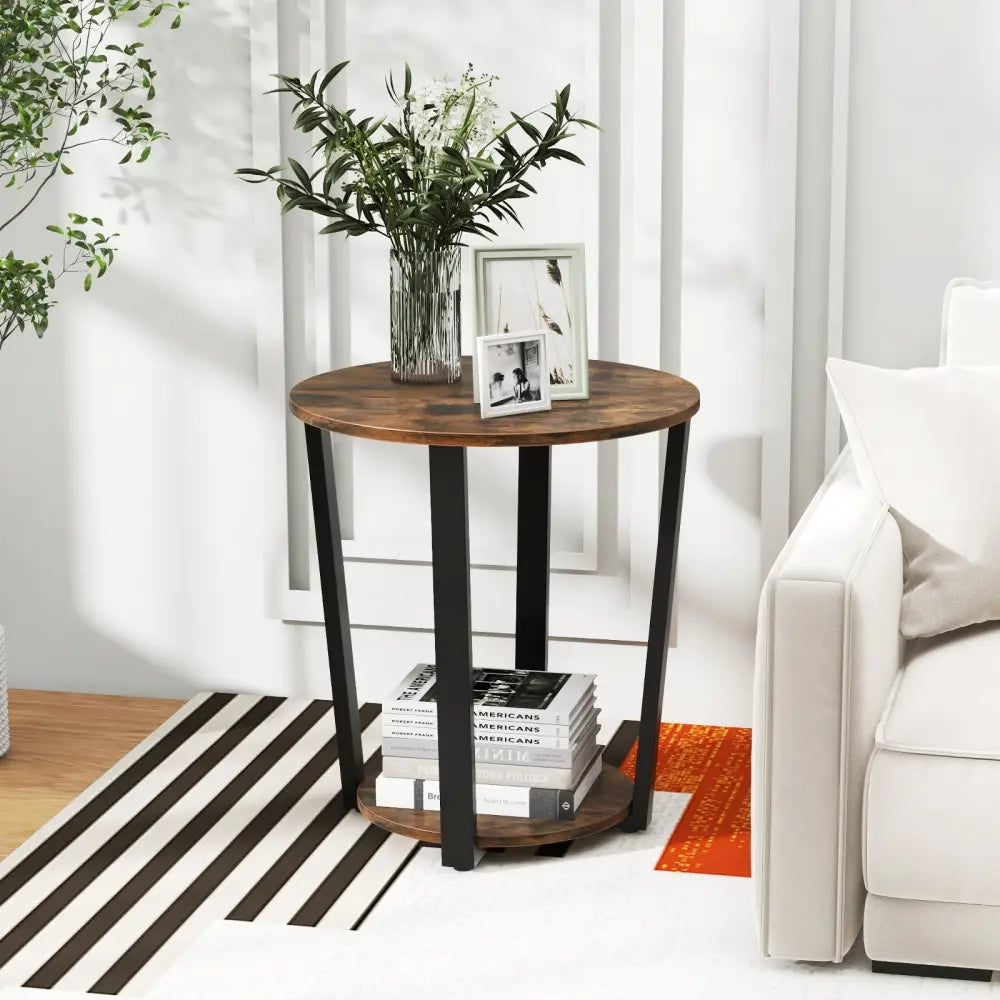 2-Tier Round End Table with Storage Shelf and Metal Frame-Brown - Brown - End & Side Tables