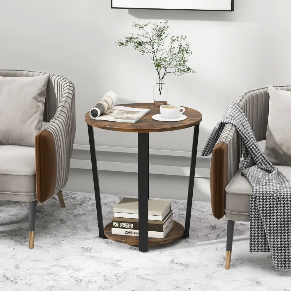 2-Tier Round End Table with Storage Shelf and Metal Frame-Brown - Brown - End & Side Tables