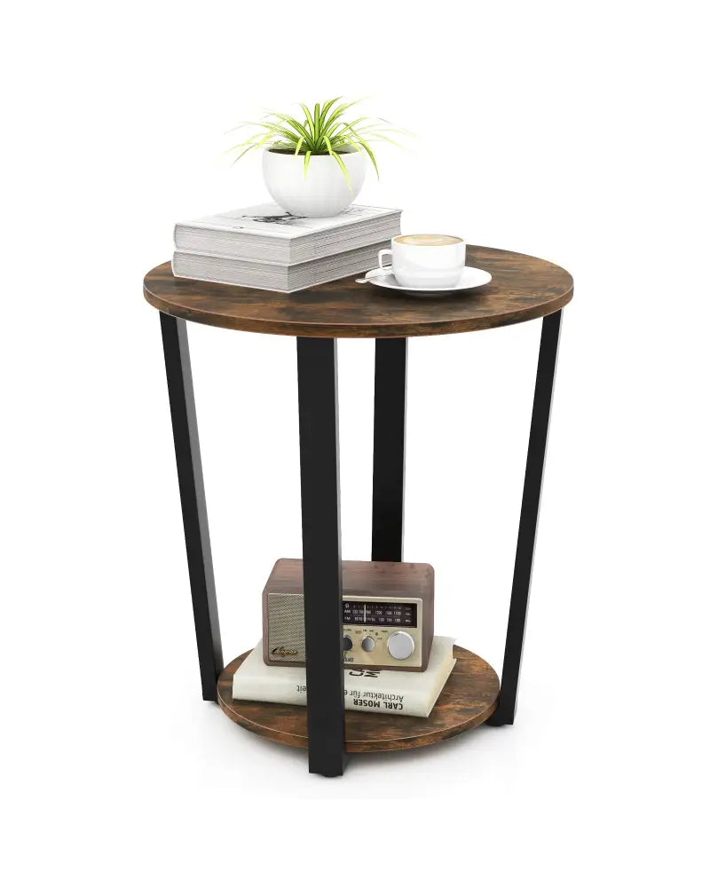 2-Tier Round End Table with Storage Shelf and Metal Frame-Brown - Brown - End & Side Tables