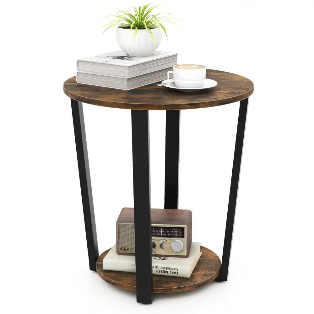 2-Tier Round End Table with Storage Shelf and Metal Frame-Brown - Brown - End & Side Tables